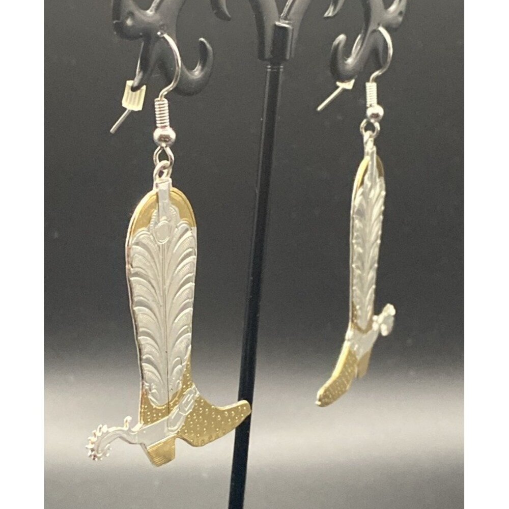 Western Earrings Cowboy Boots Spurs  Diamond Cut Ornate Gold Silver Dangle Drop - Picture 3 of 9